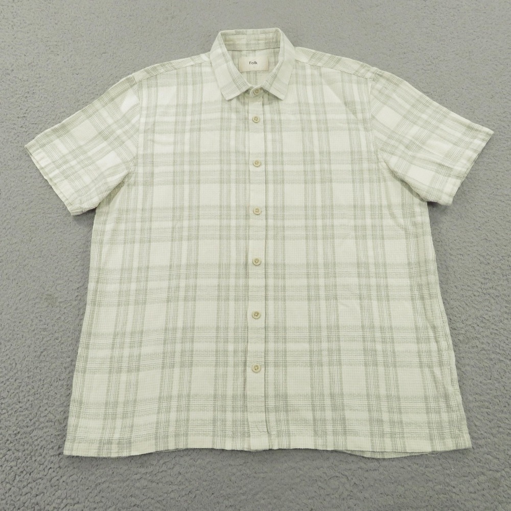 Folk Mens Large Beige Plaid Linen Blend Short Sleeve Button Up Shirt RN59478